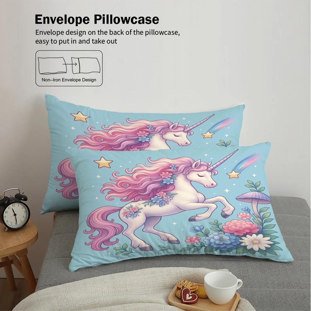 3-Piece Set Of Dreamy Unicorn Print 1 Down Duvet Cover+2 Pillowcases No Core. Soft And Comfortable Machine Washable