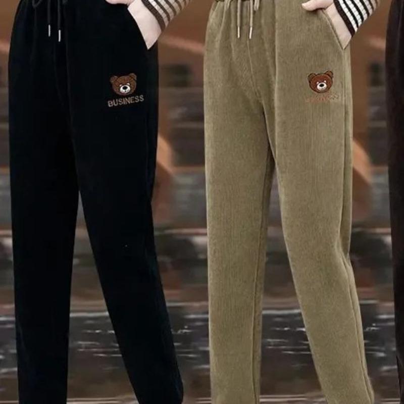 Fleece thickened sweatpants women's autumn and winter high-waisted leggings slim bear embroidered corduroy casual sweatpants