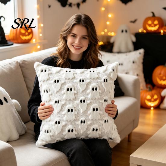 Soft Plush Couch Pillow Covers 2Pcs Halloween Ghost Cushion Covers, Throw 18x18 Decorative Inch Cases for Sofa Bed Chair Cozy
