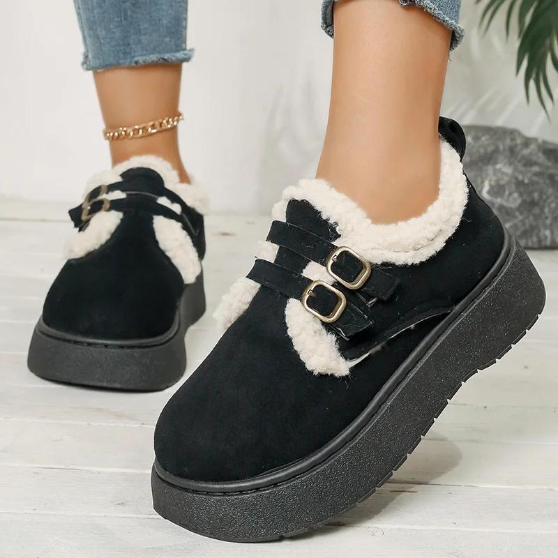 Fashion Thick Sole Plush Winter Cotton Shoes Women Fashion Buckle Platform Snow Boots Woman Warm Fleece Lining Flat Bottom Ankle Boots