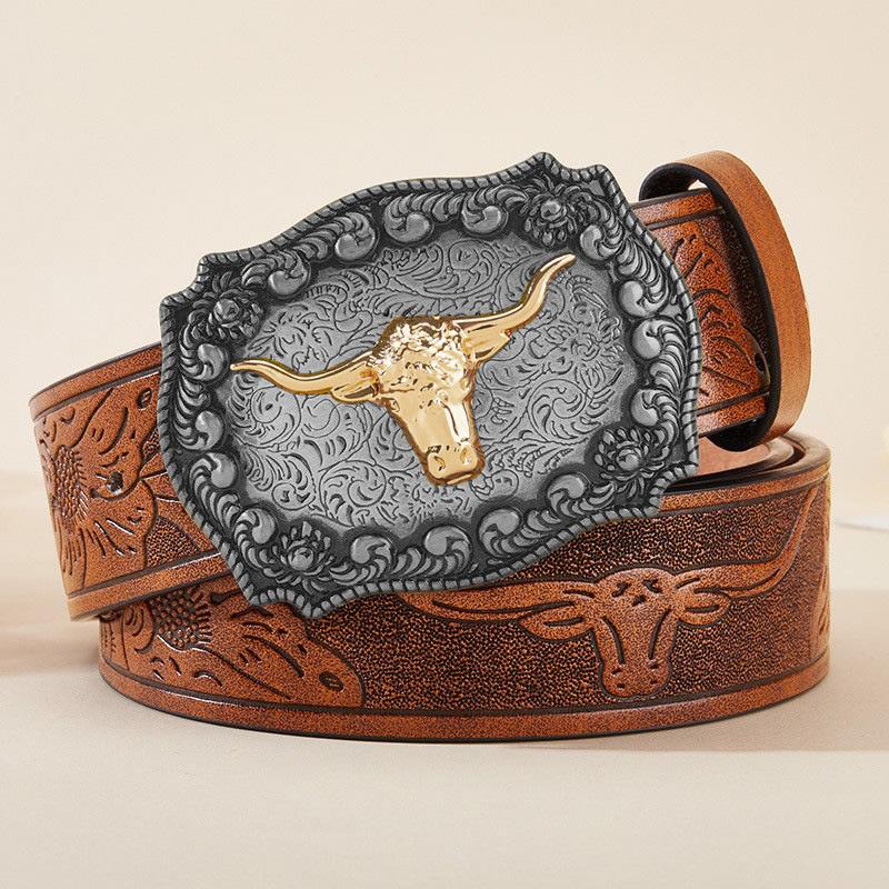 New Men's Western Cowboy Belts Cool Handsome Black PU BELT Material Embossed Design and Stylish Alloy Buckle Men Belt