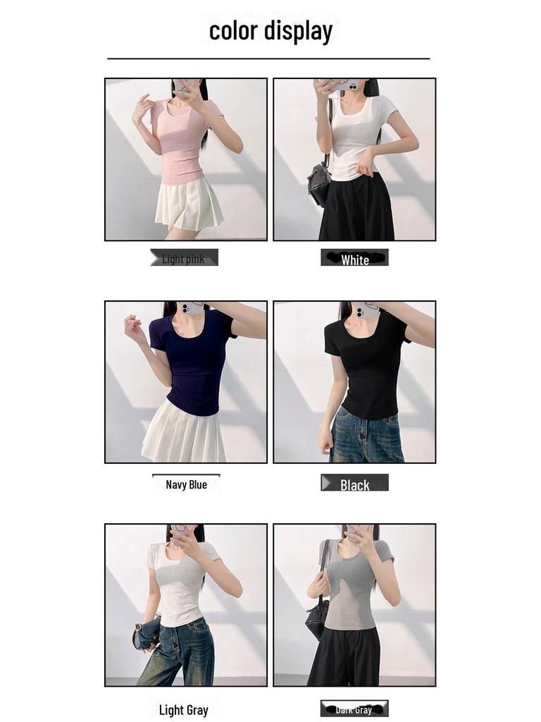 Women's Summer Slim Fit Pink U-Neck T-Shirt - Versatile & Stylish Short Sleeve Top