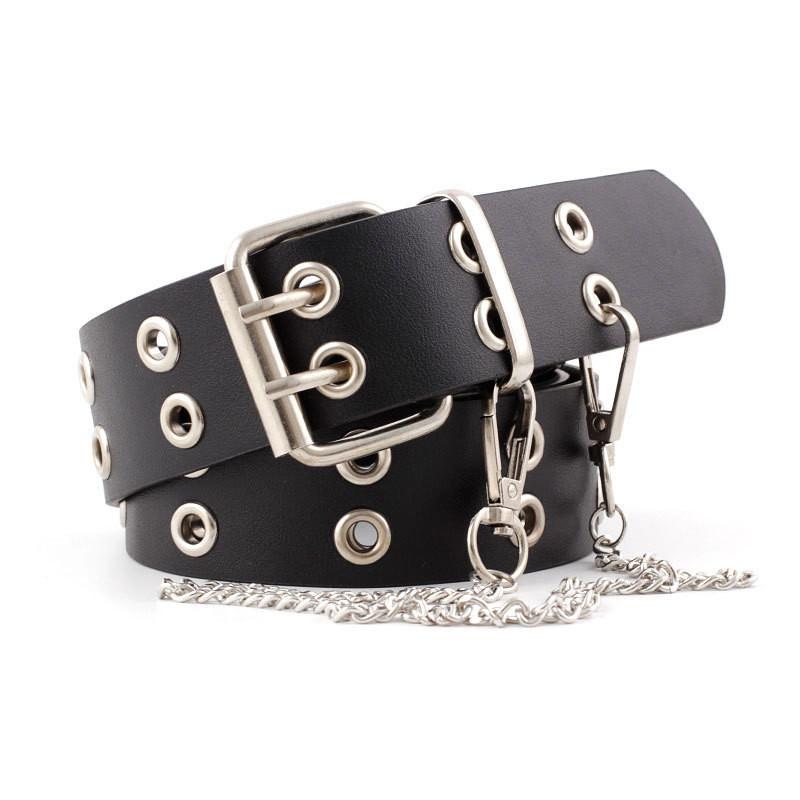 Fashionable Womens Faux Leather Belt With Chic Double Row Eyelets And Chain