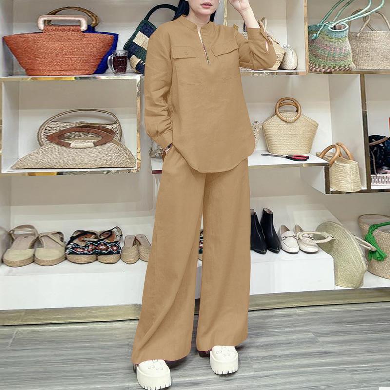 

ZANZEA Женская блузка с длинным рукавом и брюки повседневный комплект из двух частей 2XL хаки