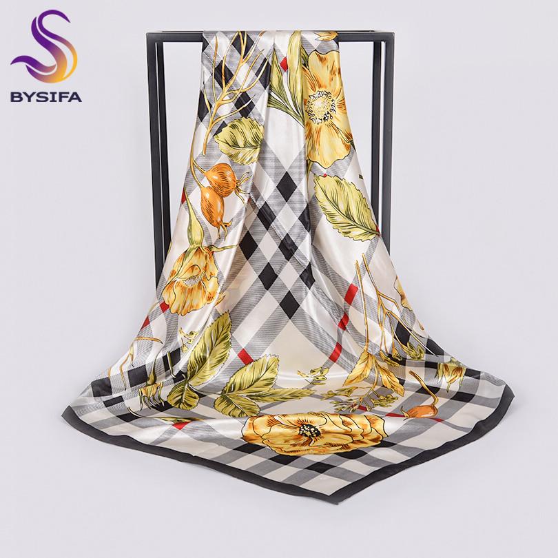 [BYSIFA] White And Pink Silk Scarf Shawl Fashion Brand Floral Satin Square Scarves Hijabs Autumn Winter Headscarves Wraps 90*90