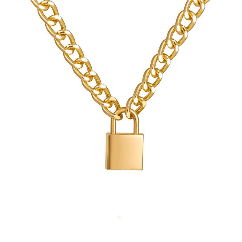 Womens Lock Pendant Necklace Cuban Chunky Thick Link Chain Golden Trendy Jewelry Gift золотой
