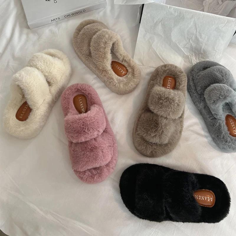 Fluffy 7CM Women Platform Flats Slippers Shoes Comfort Open Toe Slides 2025 New Spring Autumn Female Home Shoes