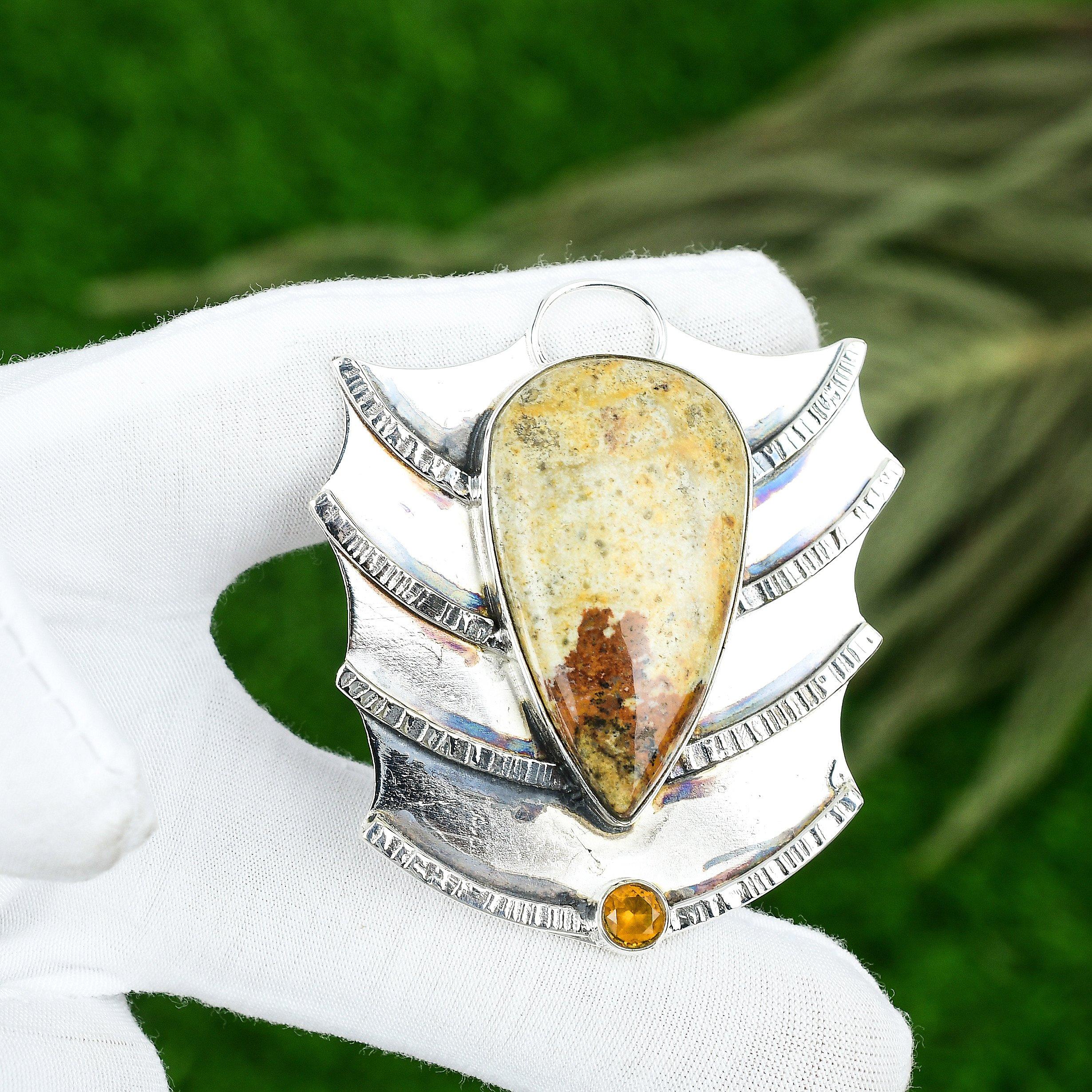 Easter Sale Pear Picture Jasper Stone Citrine Sterling Silver Handmade Pendant