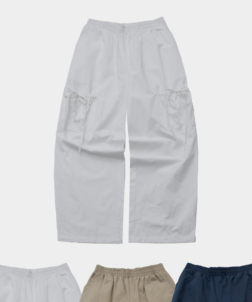SOME PLACE Shirred Multi-Big Pocket Strap Detail Wide Cargo Cotton Pants_3 Colors