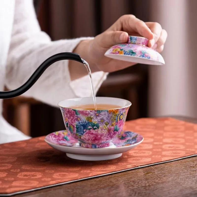 Ceramic Gaiwan with Cover, Teacup Light, Chinese Beauty Tea Infuser, Home Tea Set Accessories, Palace , Enamel Color