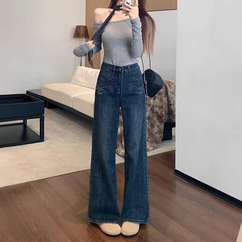Plus Size Stretch High Waist Straight-Leg Jeans for Pear-Shaped Women - Slimming Design Wide Leg Long Pants