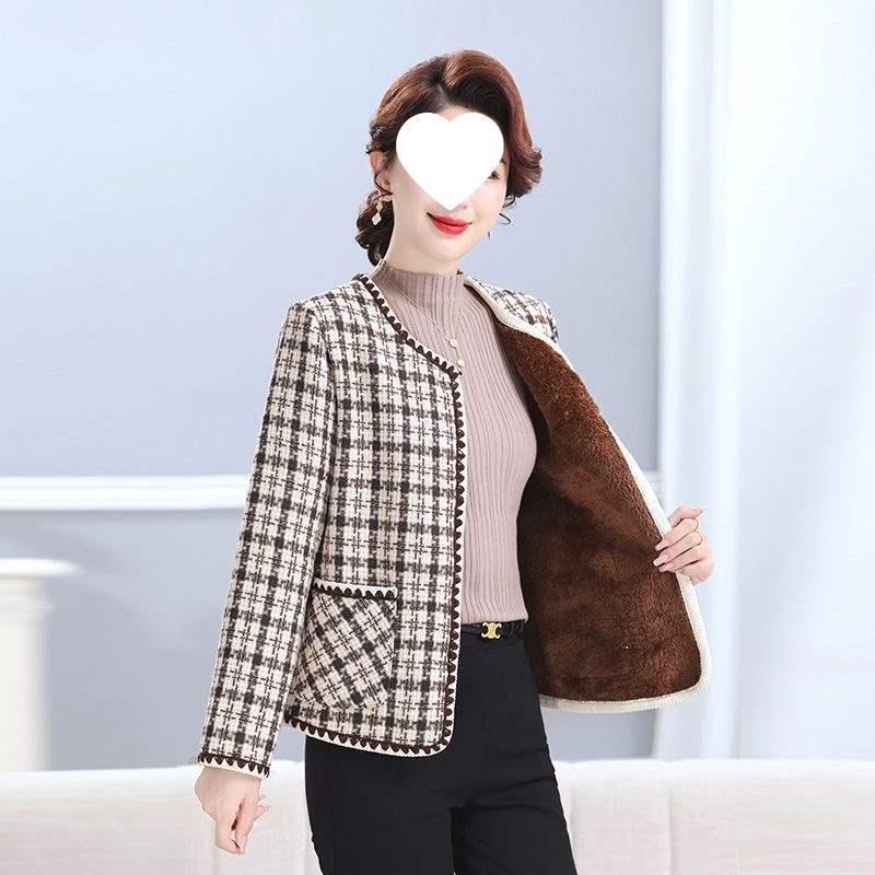 Chic Tweed Jacket for Middle-Aged Women - Versatile, Warm, Plus Velvet Cardigan for Autumn/Winter.