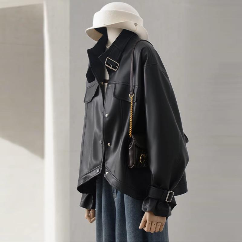 

2025 Spring Hong Kong Style Women s Black PU Leather Stand-Up Collar Short Jacket 3XL (suggested for 150-165 jin)