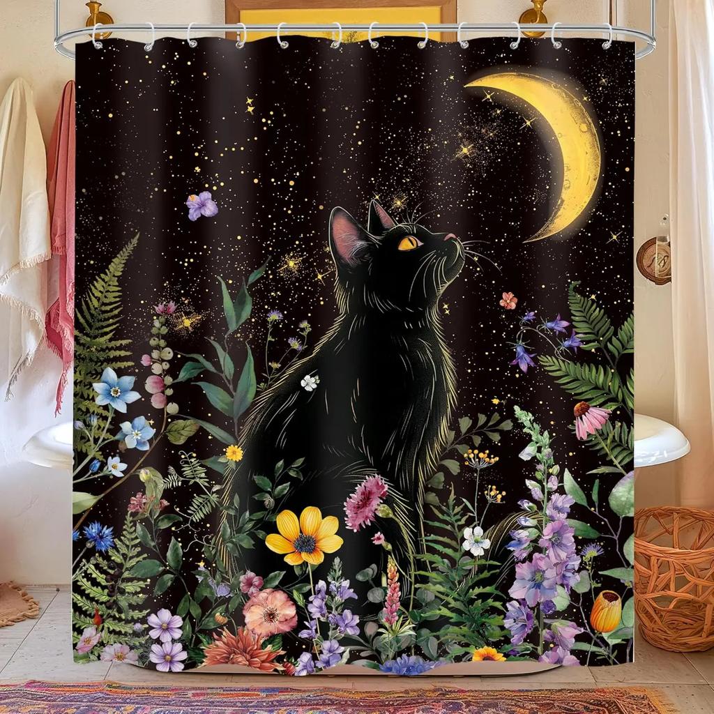 Japanese Cherry Cat Shower Curtain Black White Red Cute Animal Waterproof Polyester Bathroom Home Decorative Cover with Hook