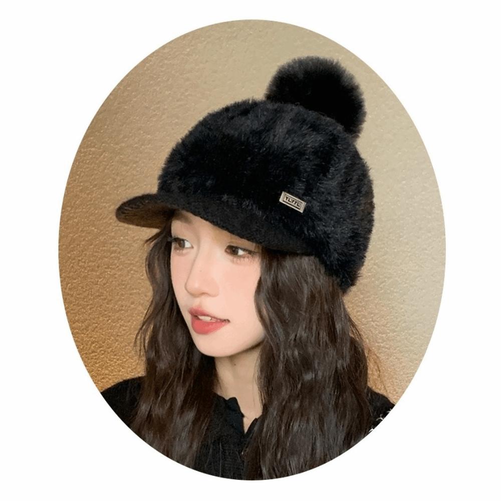 Solid Color Rabbit Fur Texture Hat Polyester Peaked Cap Warm Ear Flap Hat Girls