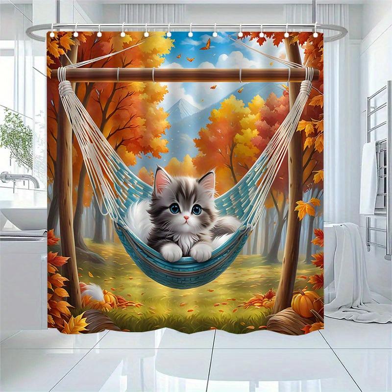 Cute Kitten Shower Curtain Autumn Forest Hammock Scene Fall Leaves Decor Nature Art Waterproof Fabric Bath Curtain Set Home