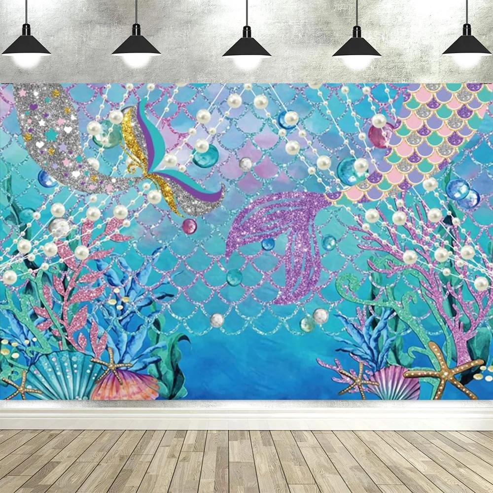 Mermaid Princess Theme Backdrop – Baby Girl'S Birthday Party Decor, Baby Shower Photography Banner & Props Supplies-Tapestry