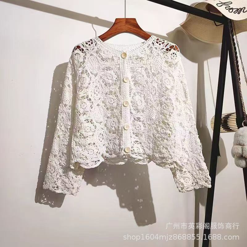 Summer Thin Knitted Sweater Women's Embroidered Hollow Long-sleeved Beach Clothes Women's Top Lace-up Jacket Versatile