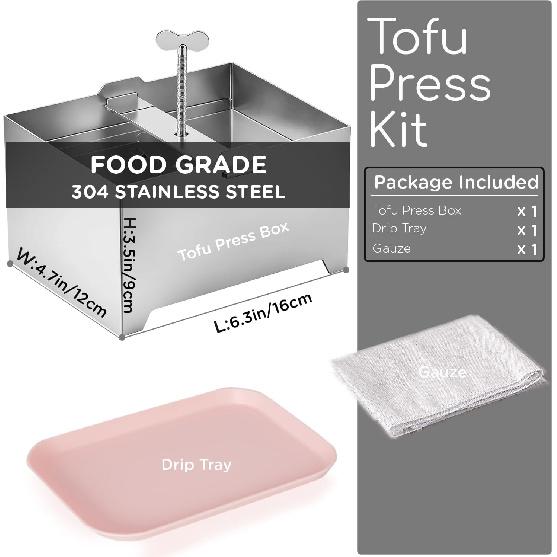 304 Stainless Steel Tofu Press, Vegan Tofu Presser Fast & Efficient Water Removal for Firm Tofu, BPA Free & Easy To Clean, Complete Set with Drip