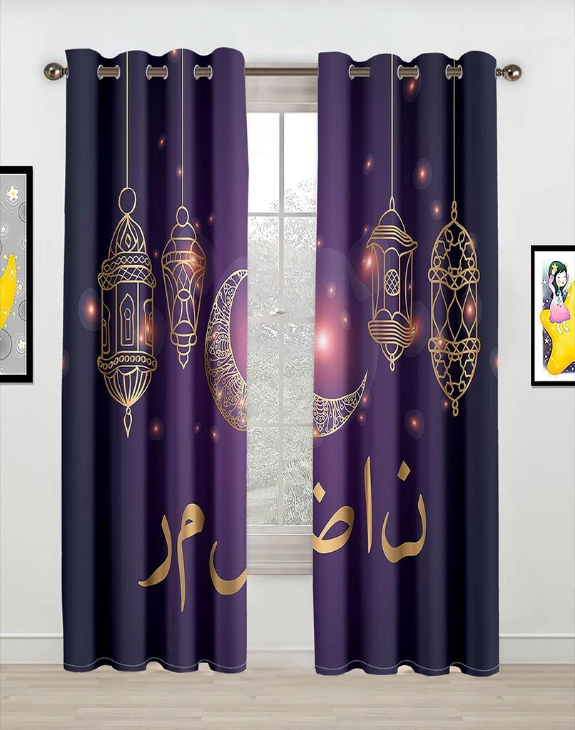 Ramadan Mond Kareem Lslamic Muslim Wandbild Eid Mubarak Kostenloser Versand 2 Stück dünne Fenster Vorhang für Wohnzimmer Schlafzimmer Dekor