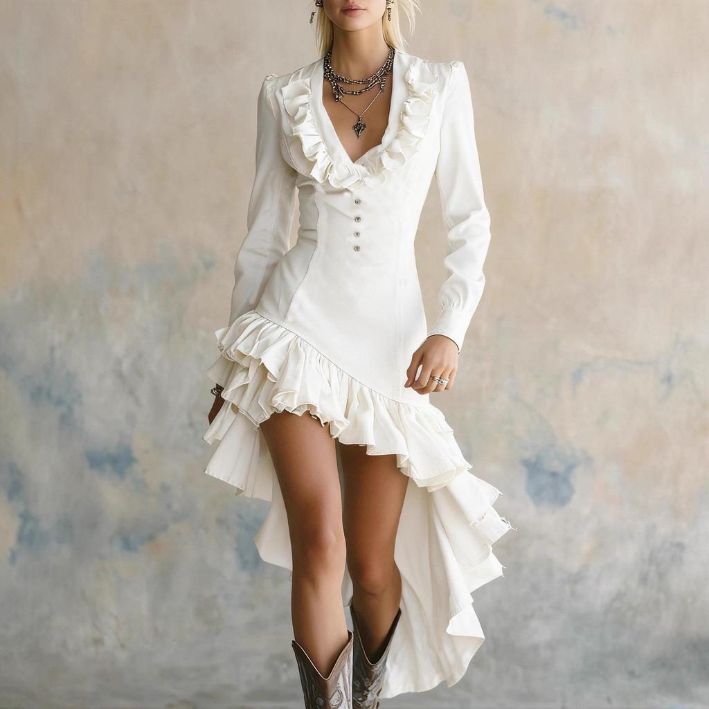 Women's Retro Elegant V-Neck Ruffle Dress - Casual Western Pastoral Style, Solid Color