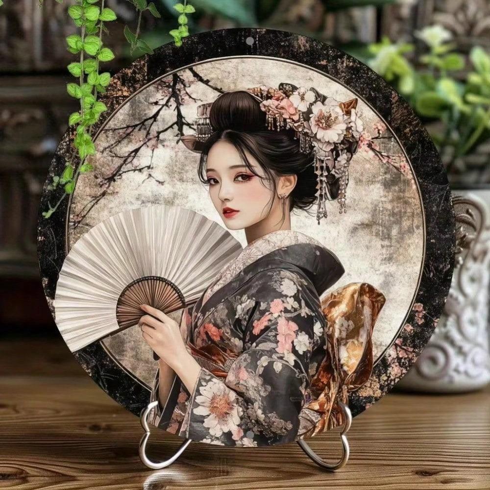 Vintage Iron Sign Cherry Blossom Geisha Wall Art Home Decor Weatherproof Pre Drilled