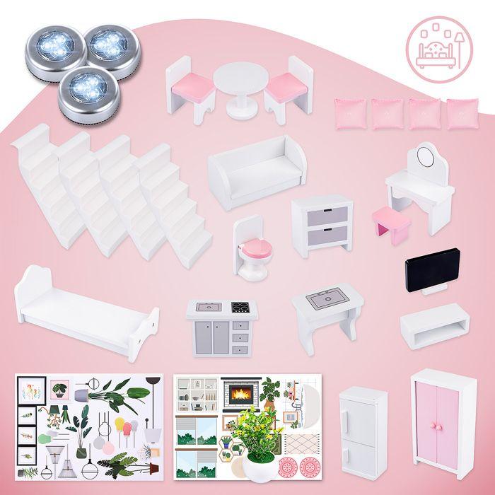 Grande maison de poupées en bois 118 cm, 3 étages, LED et meubles inclus - blanc (GS0023_C-1)