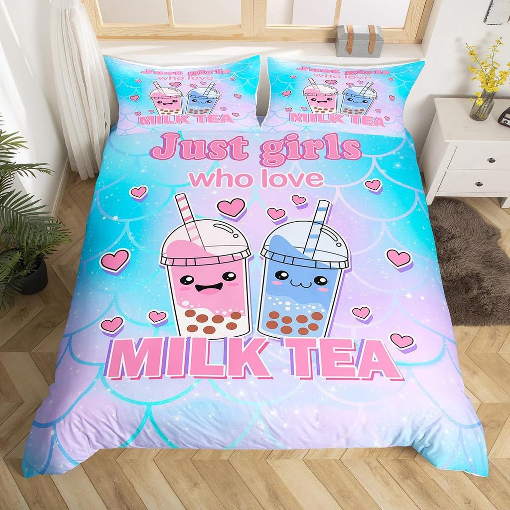 Cartoon Milk Tea Duvet Cover for Kids Teens Lightweight Quilt Covers Bedroom Decor Afternoon Tea Themed Bedspread Cover No Quilt