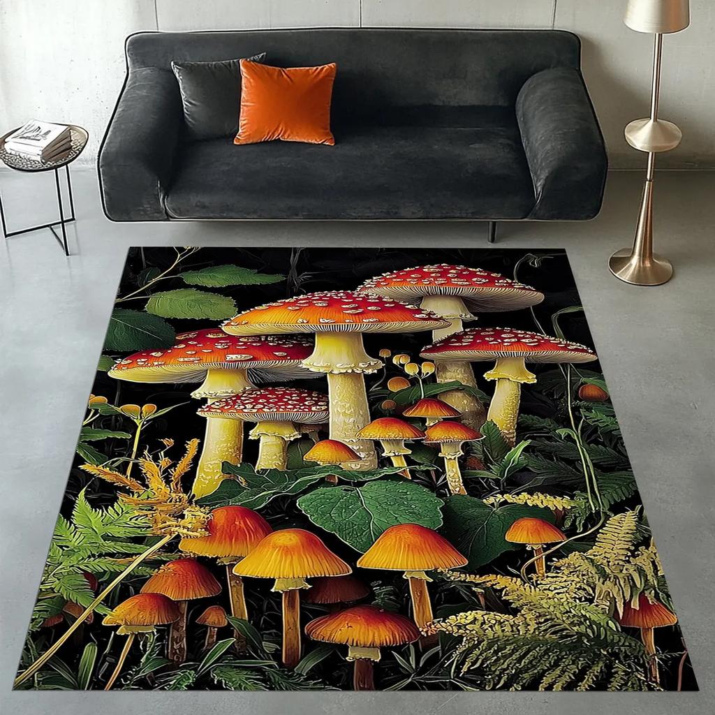 Night Themed Mushroom Rug, Mushroom Area Rug, Botanical Rug, Forest Inspired Rug, Garden Themed Rug, Full Moon and Mushroom Rug