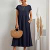 Vestido Longo de Algodão e Linho com Mangas Curtas e Gola Redonda com Bolsos
