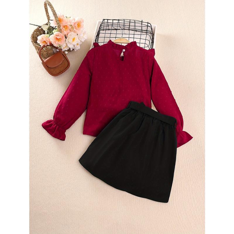 Big girls long-sleeved + skirt fashion suit, autumn thin top with fungus edge decoration and see-through neckline, long-sleeved belt, horn cuffs