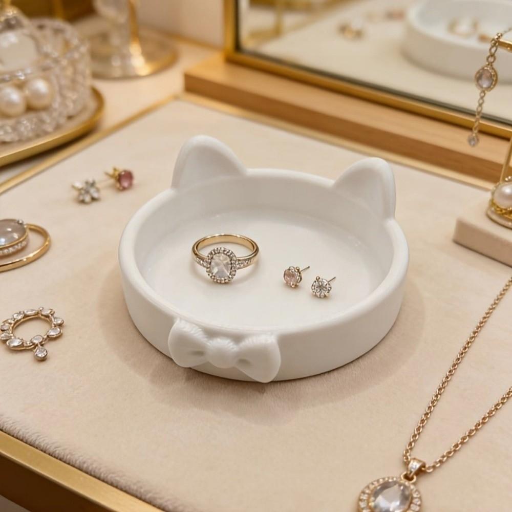 3D Printed Bow Jewelry Plate Cute Non-Slip Jewelry Holder Paw Print-Like Base Ornaments Cat Ear Storage Trays Office Desks