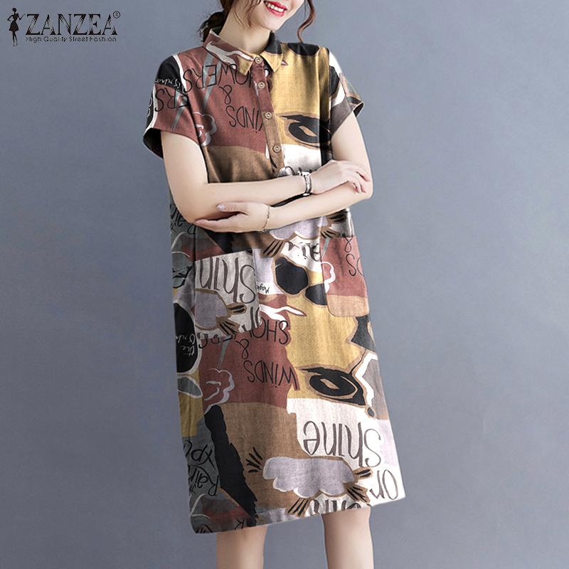 

ZANZEA Летнее повседневное женское платье с отложным воротником и короткими рукавами с принтом