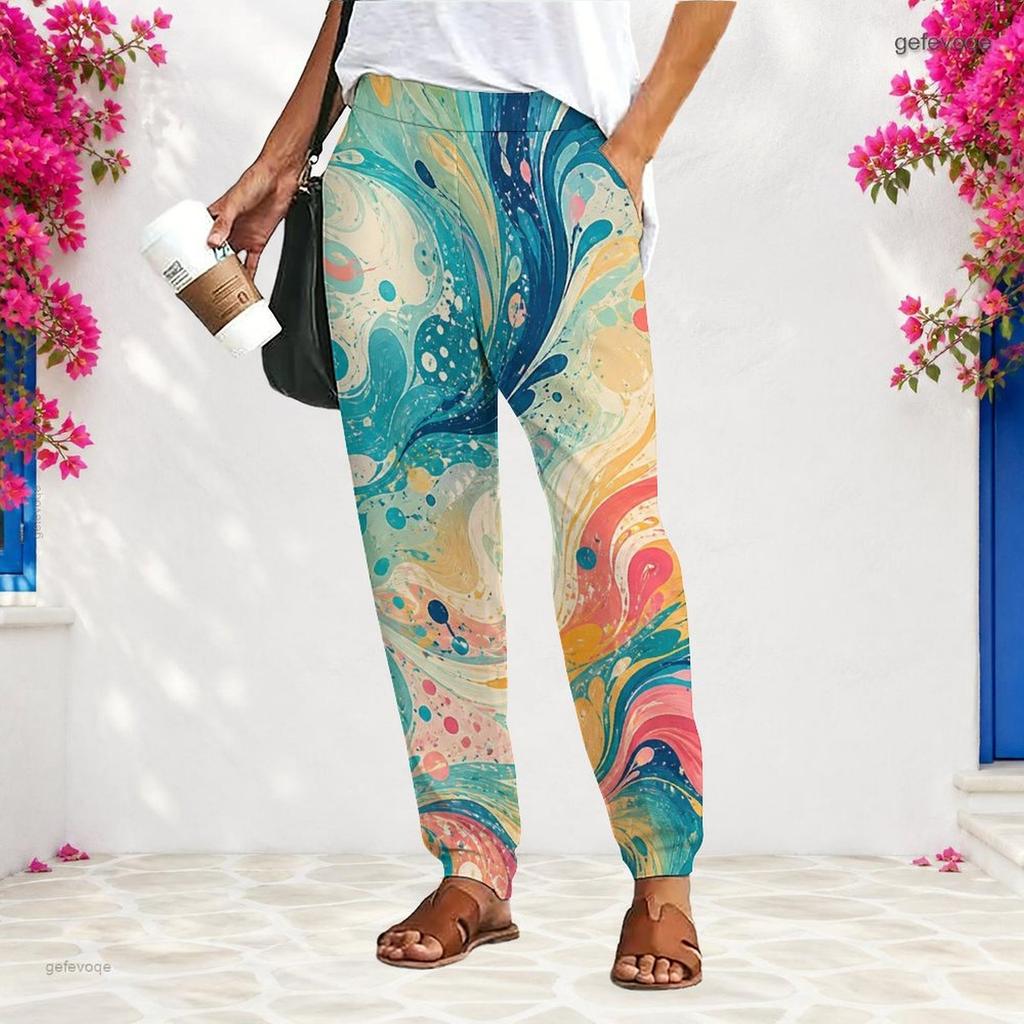 Women S Plus Size Loose Fit Printed Long Pants Black Pink Gradient With Pockets