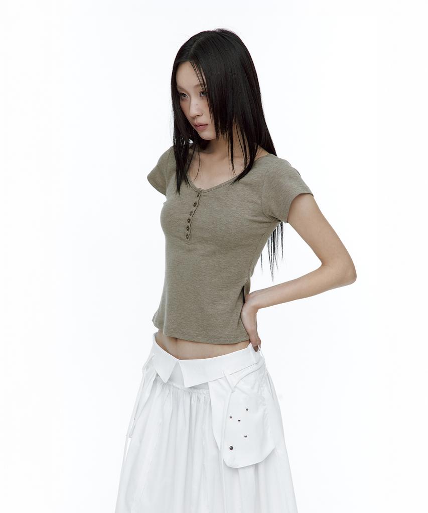 ROUGHNECK Ascii Cross Henley Neck T-Shirt Khaki Brown