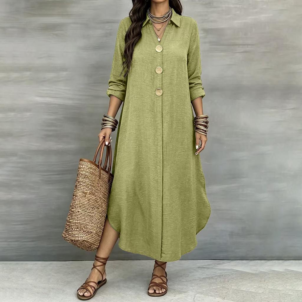 Women's Casual Color Long Sleeve Button Down Shirt Dress for Everyday Wear