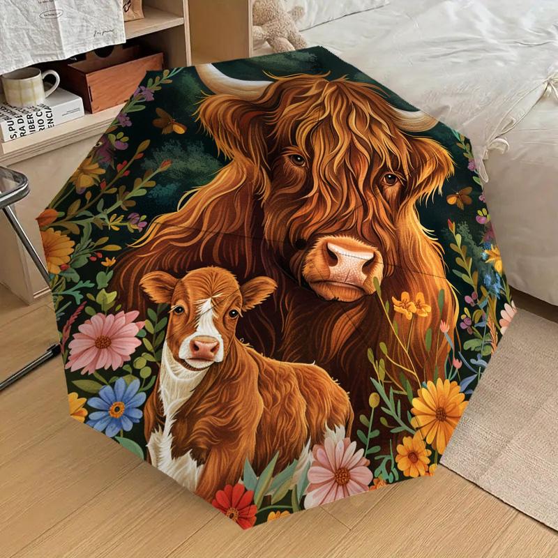 Highland Cattle Themed Folding Umbrella Fashion Auto-Open 8 Iron Ribs Plastic Handle Foldable Sunshade Perfect Christmas Gifts