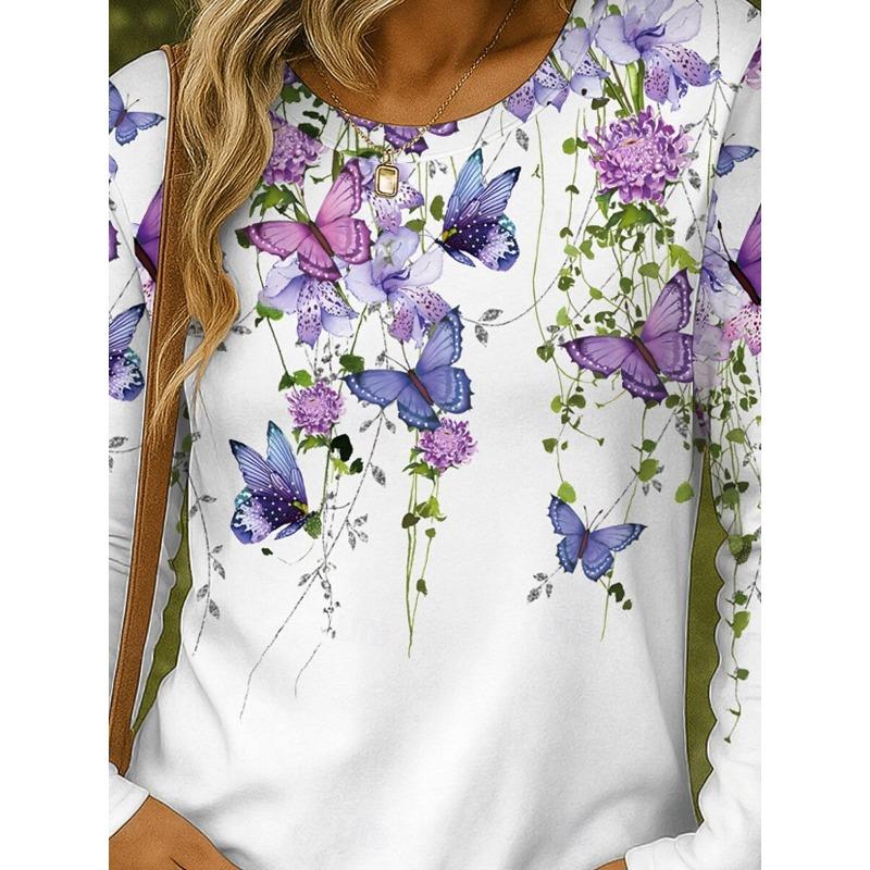 Women's Plus Size Floral Print Long Sleeve T-Shirt with Slight Stretch - Casual and Comfortable