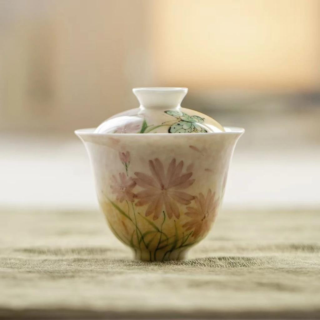 Oil Painting Style Hand-painted Cover Bowl Kung Fu Tea Set Household Tea Bowl Thin Tire Dream Butterfly Kiss Powder Cover Bowl