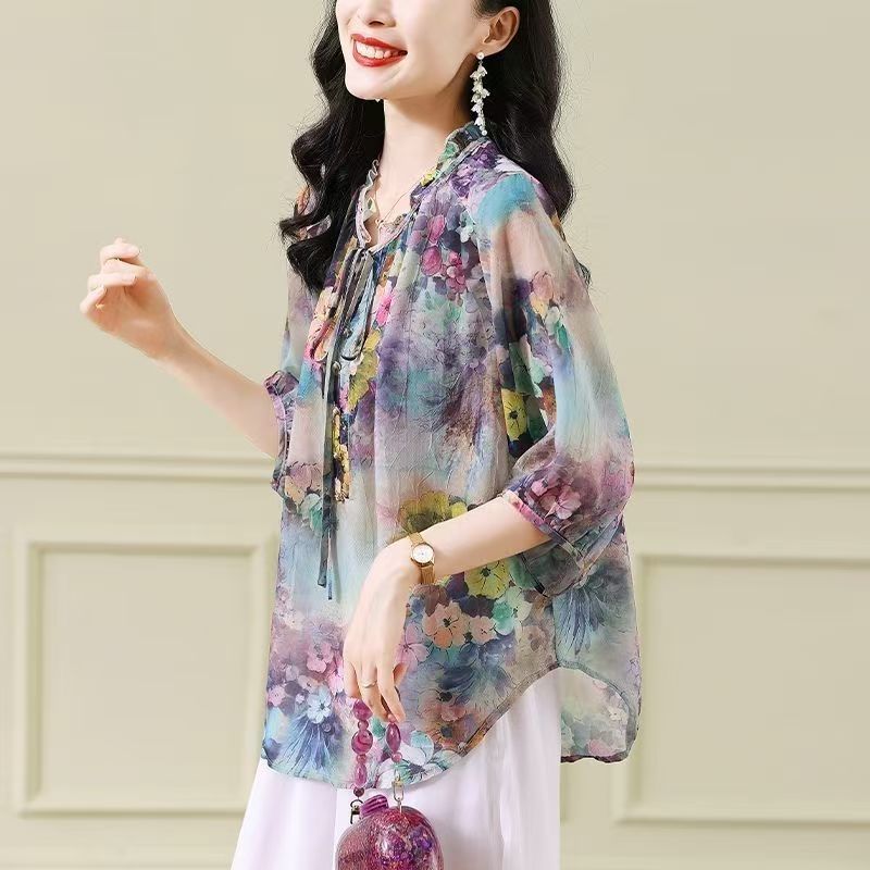 Large Size Chiffon Women's Summer Floral High-end Retro Loose Top