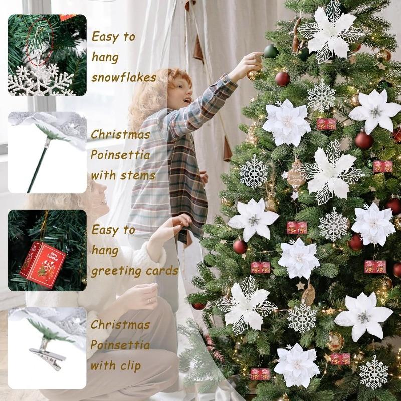 White Christmas Tree Decorations Artificial Flowers Ornaments Berry Stems Hanging Snowflakes for Xmas Tree Party Holiday Decor