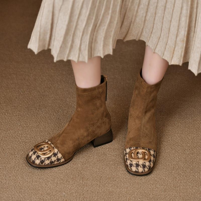 fashion Women's Mid Heel Chelsea Boots Thick Suede Ankle Shoes 2024 Winter Fashion New Zipper Boots High Heels