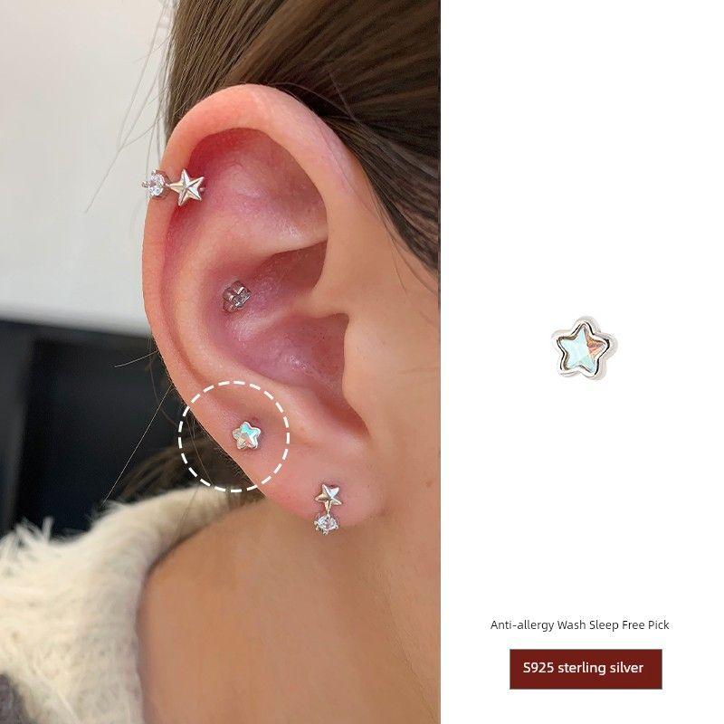 

Ringring Store Sterling Silver Stud Earrings Ear-Caring Edge Ear Bone Stud Ring Earrings Fancy Earrings Female Earring Ear Bone Pin Colorful five-pointed star 1