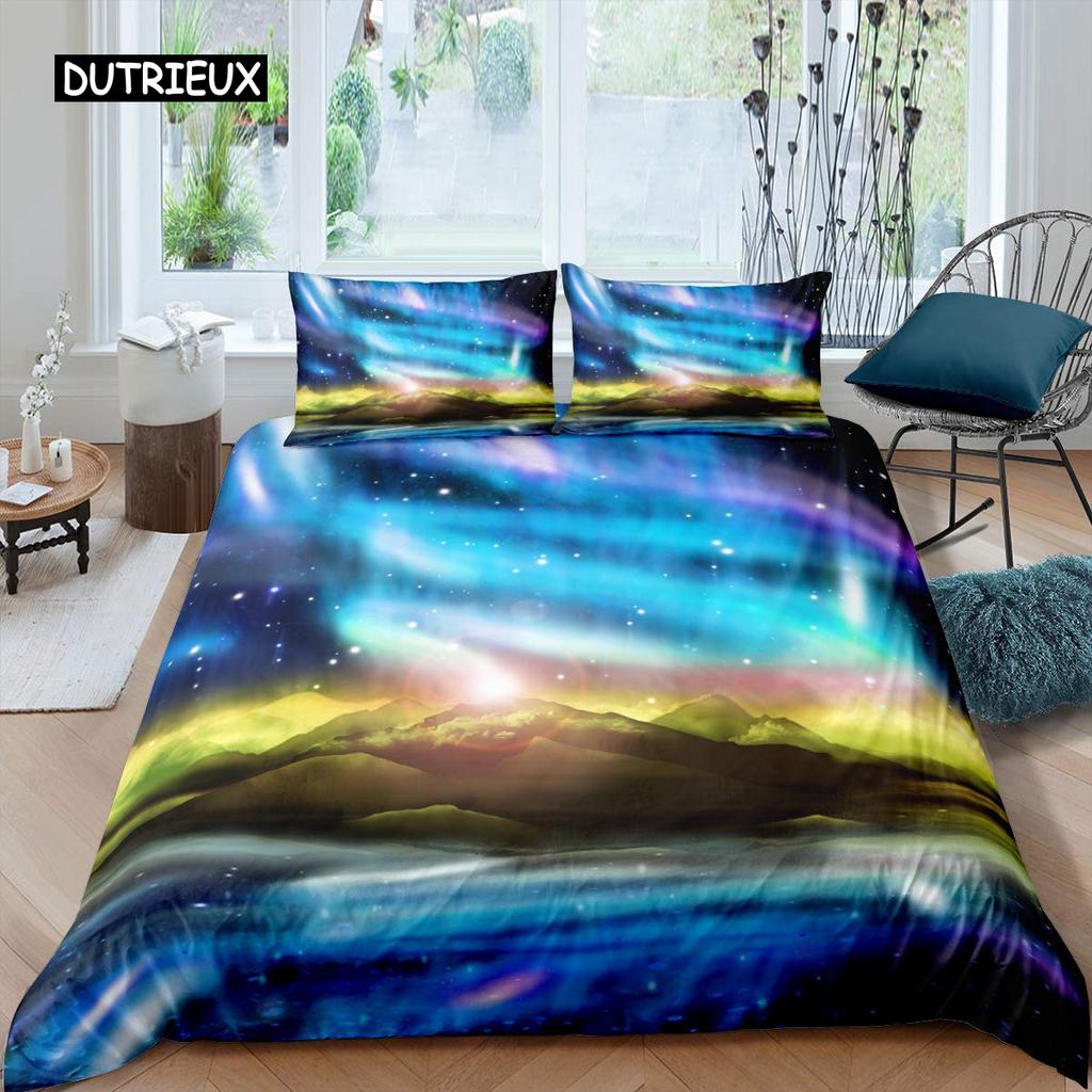 Aurora Påslakanset Galax Sängkläder Lila Stjärnklar Himmel Täcke Ytterrymden Universum Astronaut Täckesöverdrag för Barn