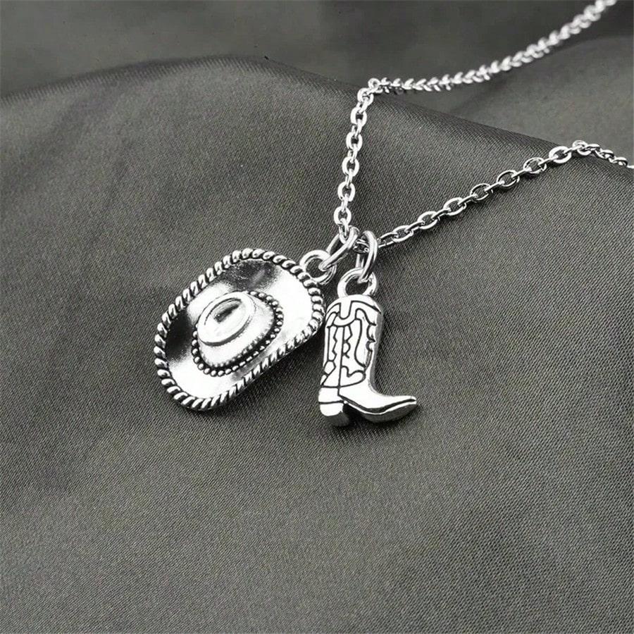 

Fashion Antique Silver Color Cowboy Hat Cowgirl Boots Pendant Necklace For Women Party Punk Jewelry Gifts