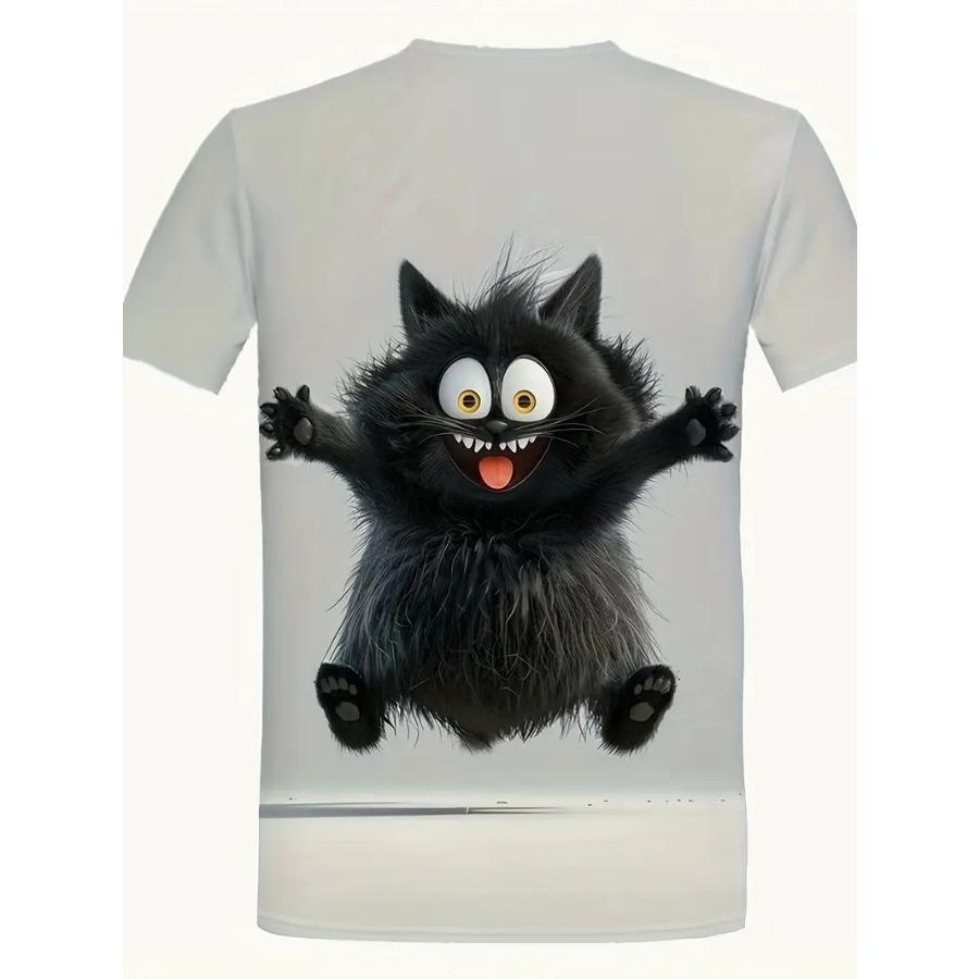 Unisex Trendy Mens Graphic Cat Print T-shirt Comfortable Crew Neck for Summer Outdoors & Daily Style Lightweight Eye-catching Designs Wardrobe Staple