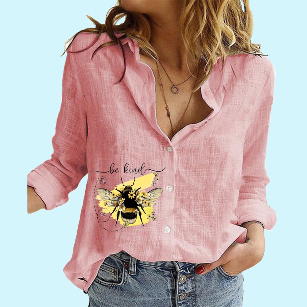 Women Fashion Button-up Blouse Ladies Loose Cotton Linen Top Casual Print Long Sleeve Shirt
