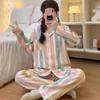 Colourful Striped Flower Print Pajamas Set for Women Korean Casual Sweet Girl Soft Women's Sleepwear Long Sleeve Nightwear