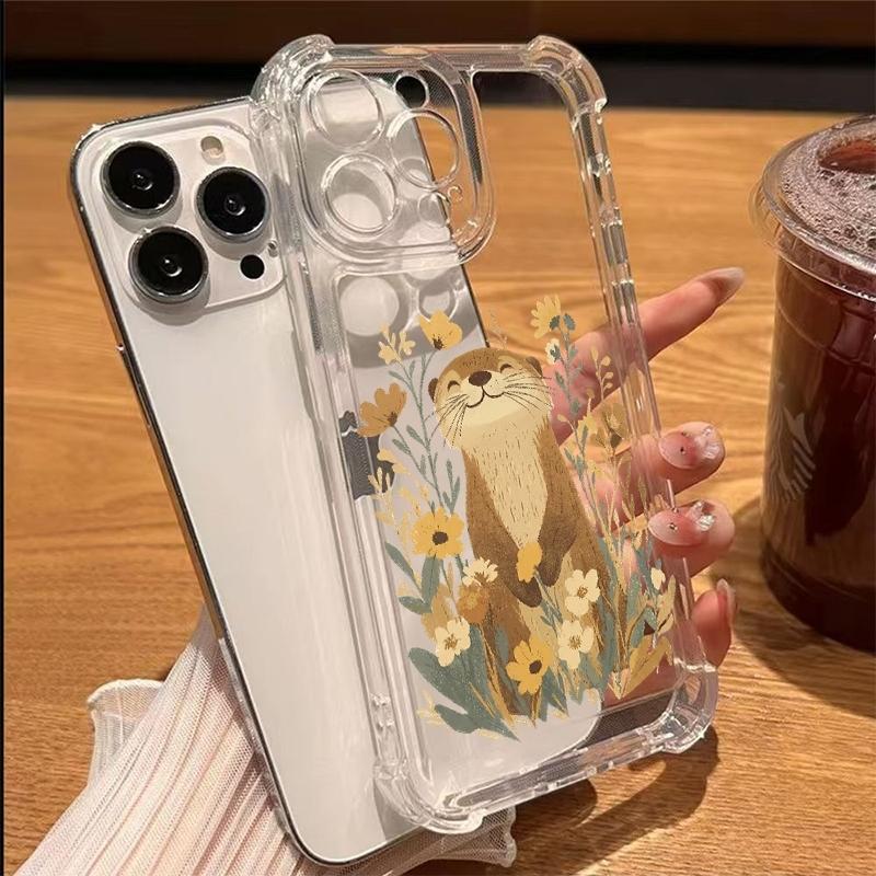 Flowers & Otter Pattern Transparent Phone Case For iPhone 17 11 13 12 14 15 16 Pro Max XS XR 15 16 Plus Shockproof Soft Cover