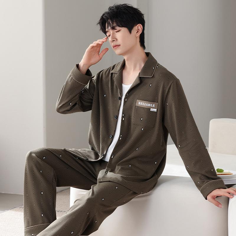 Men'S Pajamas Men'S Spring And Autumn Cotton Long-Sleeved Autumn And Winter Autumn Cotton Loungewear Set